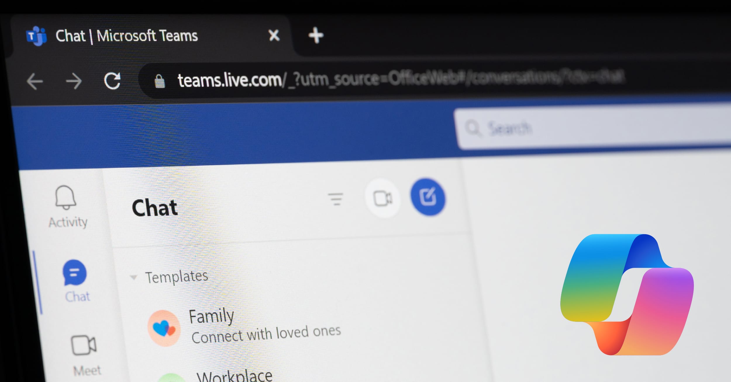 Screenshot of Microsoft Teams with Copilot logo overlay