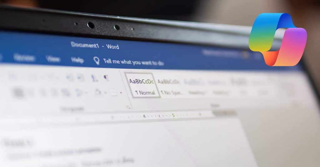 Screenshot of Microsoft Word with Copilot logo overlay