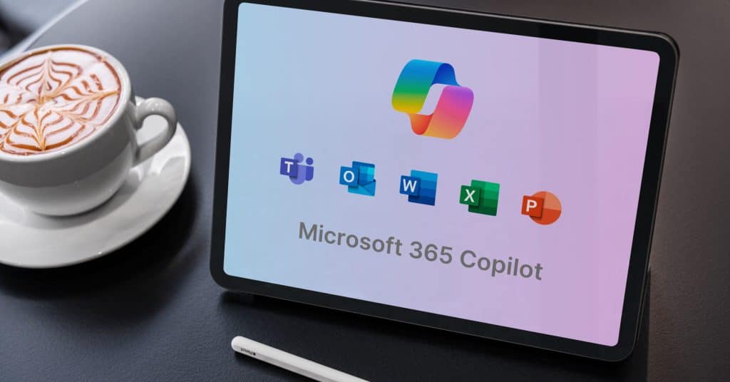 Microsoft 365 Suite of Product Icons on Computer Screen with Copilot Icon