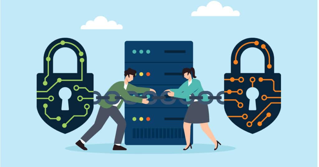 Two people in business attire padlocking an on-premises server
