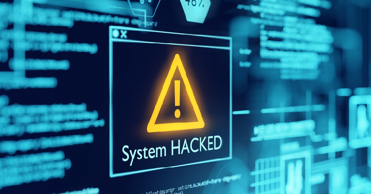 Computer screen displaying warning that system has been hacked