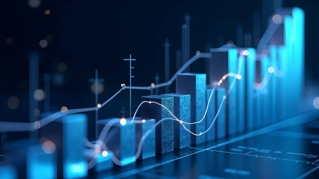 bar graph that goes up to the right, all in blue tint