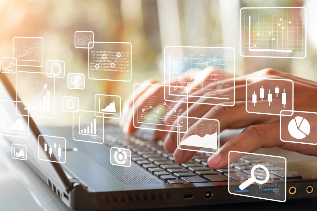 fingers on a keyboard with translucent supply chain icons