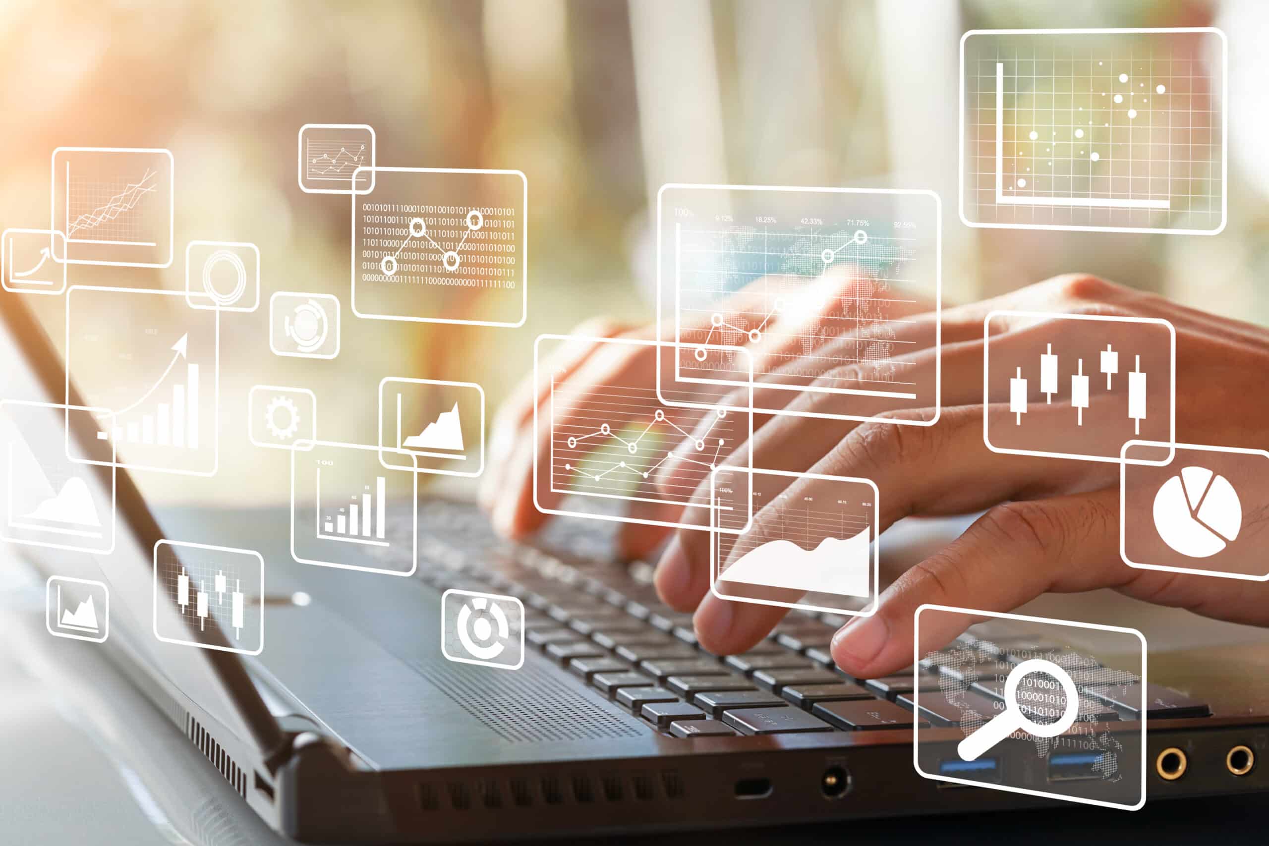 fingers on a keyboard with translucent supply chain icons